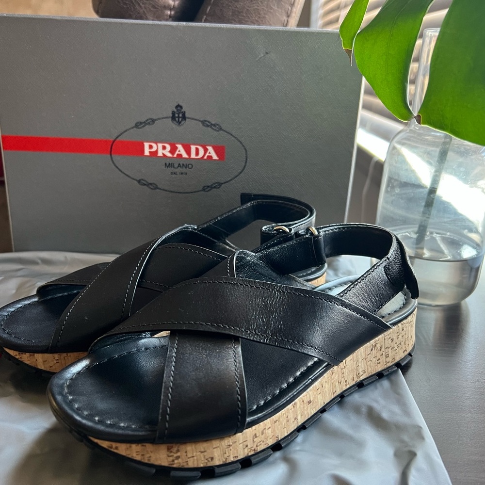 <Prada >Authentic Black Leather Sandals